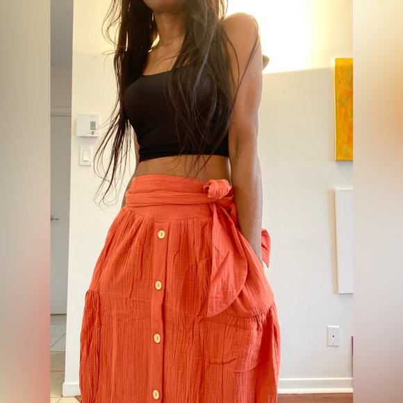 NWT High waist Button Down Cotton Maxi Skirt with Sash waist tie in Rust - Picture 4 of 8